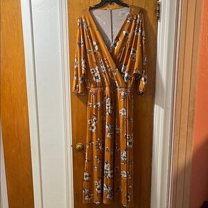 Garnet Hill Mustard Floral Long Sleeve Dress